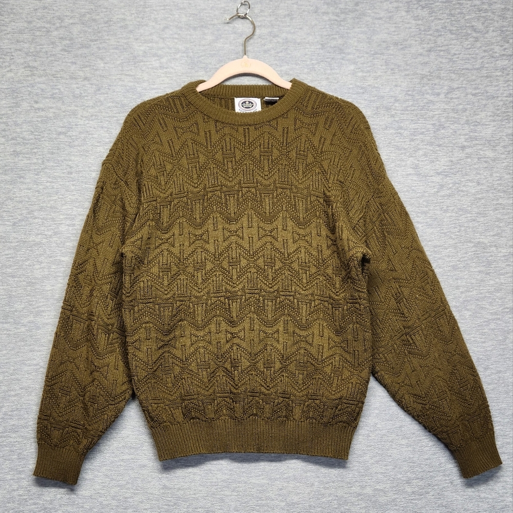 Vintage 90s Grandpa fisherman knit crewneck sweater olive green men's M cabin